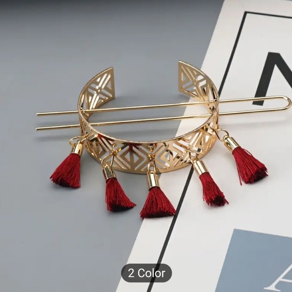 2pc Set Floral Hollow Boho Tassle Double Bun Holder - Picture 4 of 12